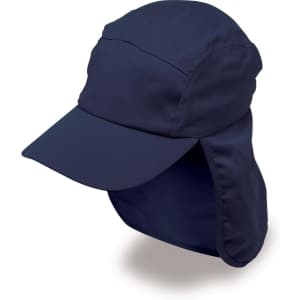 A navy blue Poly Viscose Legionnaire hat with a wide brim and neck flap, featuring a logo.