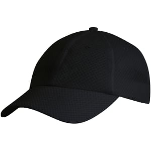 A black cap with a textured mesh design and a curved brim, featuring a logo on the front.