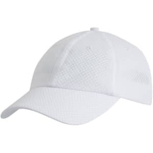 A white cap with a textured mesh design and a curved brim, featuring a logo on the front.