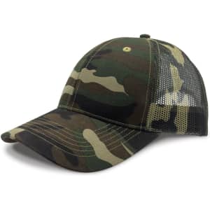 A camo trucker cap featuring a camouflage design with a mesh back and a curved brim.