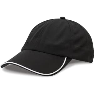 A black cap with a curved brim and white piping, featuring a logo on the front.