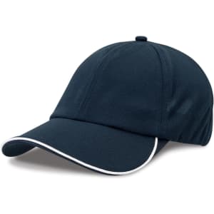A navy blue cap with a white trim and a curved peak, featuring a logo on the side.