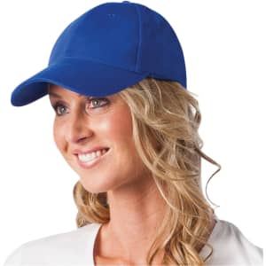 A blue heavy brushed cotton cap featuring a curved brim and a logo on the front.