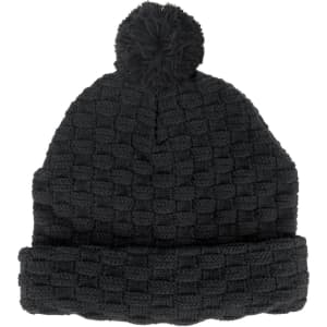A black knitted beanie with a large pom-pom on top and a textured pattern. Features a fold-over cuff.