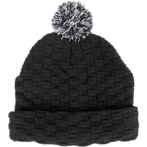 A black knitted beanie with a textured pattern and a black and white pom pom on top. It features a logo.