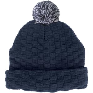 A dark navy beanie with a textured pattern and a grey pom pom on top, featuring a logo.