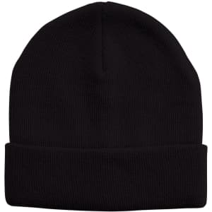 Acrylic beanie in black, featuring a folded brim and textured fabric, with a logo on the surface.