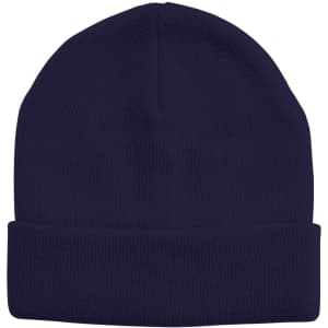 A navy acrylic beanie with a ribbed texture and a folded cuff, featuring a logo.