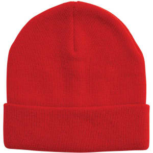 Red acrylic beanie featuring a fold-over cuff and a textured knit design. Includes a logo.