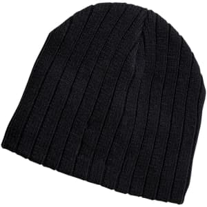 A black cable knit beanie made from textured fabric, featuring a subtle logo.