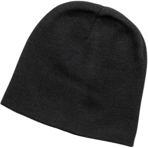 A black beanie with a simple, textured pattern, featuring a logo on the side.