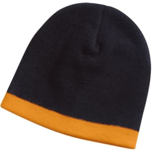 A black beanie with a bright orange cuff and a logo. Suitable for headwear.