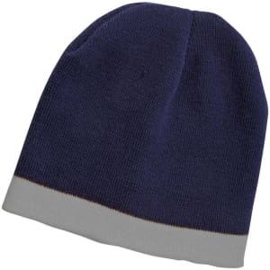 A navy blue beanie with a grey border at the bottom, featuring a logo.
