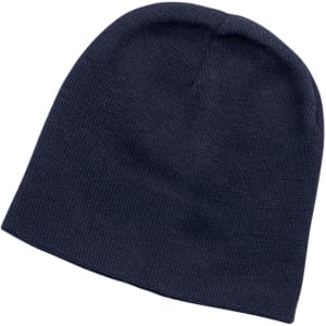 A navy beanie hat with a simple design and a soft texture. It features a small logo.
