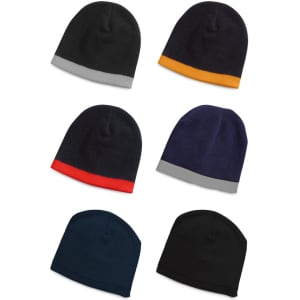 A collection of skull beanies in various colours, including black, navy, grey, and orange accents, arranged in a grid.