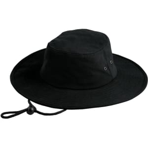 A black brim and bucket hat with a drawstring and ventilation holes. Features a logo.
