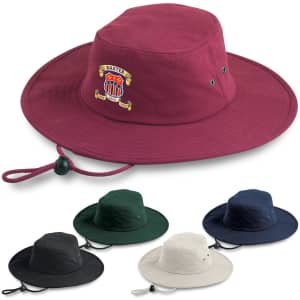 A maroon brimmed bucket hat with an emblem, accompanied by green, navy, black, and cream variations.