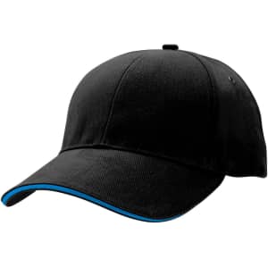 A black cap featuring a blue trim and a logo, designed for promotional use.