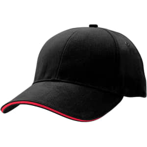 A black cap with a red trim and a logo on the front. Features a curved brim and adjustable strap.