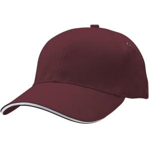 A maroon cap featuring a curved brim and a contrasting trim, equipped with a logo.
