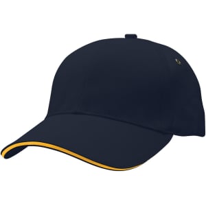 A navy cap featuring a contrasting yellow peak and a logo. Suitable for casual wear.