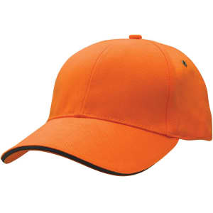 An orange cap with a curved peak and contrasting black trim, featuring a logo on the side.