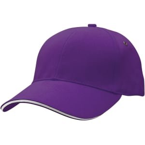 A purple cap with a curved peak and a contrasting trim, featuring a logo on the side.