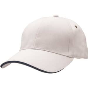A white cap with a curved brim and a contrasting navy trim, featuring a logo on the side.