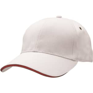 A beige cap with a curved brim and a contrasting red accent along the edge. It features a logo.