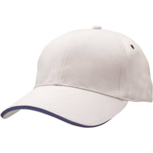 A cap featuring a white body and a contrasting blue trim, with a small logo on the side.