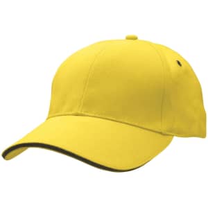 A yellow baseball cap with a black underbill and a logo on the front.