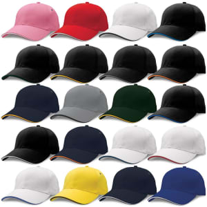 A collection of caps in various colours, including pink, red, black, grey, green, white, yellow, and navy. Each cap features a logo.