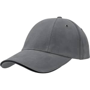 A grey rotated sandwich peak cap featuring embroidered eyelets and a curved brim. It includes a logo.