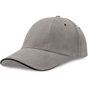 A grey cap with a curved brim and contrasting trim, featuring a logo on the side.
