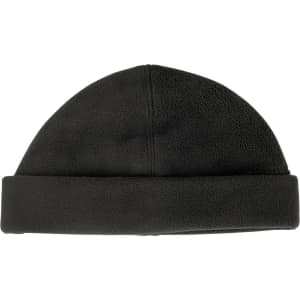 A black polar fleece beanie with a folded cuff, featuring a logo on the side.