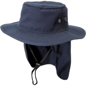 A navy blue hat with a wide brim and neck flap, featuring eyelets and an adjustable chin strap.