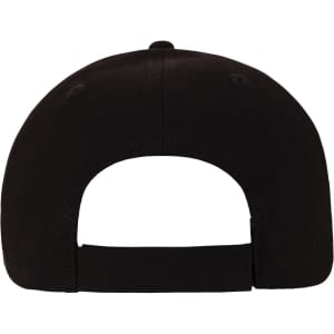 A black cap with an adjustable strap at the back and a logo on the side.