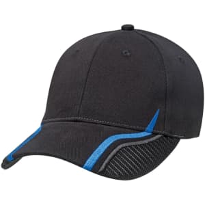 A black cap with blue accents and mesh detailing, featuring a logo on the front.