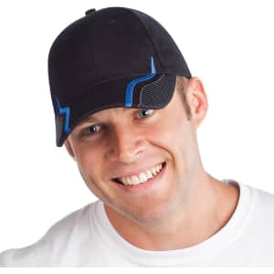 A black cap with blue accents and a branding logo, worn by a smiling man.