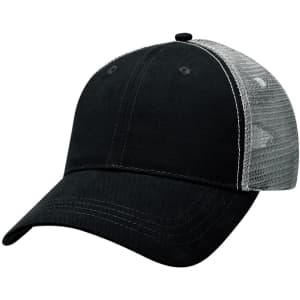 A black Lo-Pro Mesh Trucker Cap with a grey mesh back and a rounded brim, featuring a logo on the front.