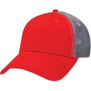 A red trucker cap with a grey mesh back, featuring a rounded crown and curved peak. There is a logo on the front.