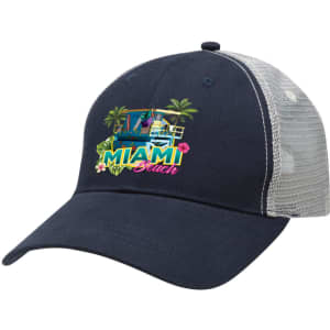 A blue and grey Lo-Pro Mesh Trucker Cap with a vibrant graphic featuring Miami Beach elements and palm trees.