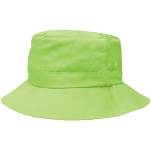A bright lime green kids' twill bucket hat with a toggle and a wide brim. Features ventilation holes.