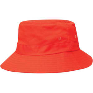 An orange twill bucket hat featuring a wide brim and a toggle adjustment. It includes a logo on the side.