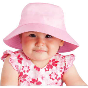 A pink twill bucket hat with a wide brim, featuring a toggle for adjustment. Suitable for kids.