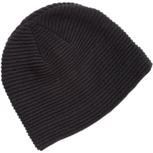 A black ribbed beanie with a soft texture and a logo.