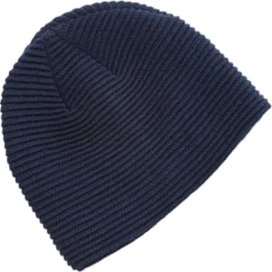 A navy Ruga Knit Beanie with a ribbed texture, featuring a logo on the side.
