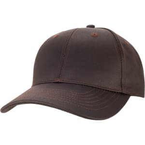 A cap in dark brown with contrasting orange stitching and a rounded peak. The design features a logo on the front.