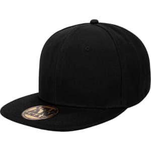 A black cap with a flat brim and a round crown, featuring a branding logo on the front.
