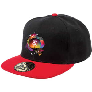 A black cap with a red visor, featuring a graphic design and a logo on the front.
